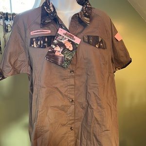 Master Sportswoman Rugged Outdoor Gear, camouflaged short sleeved shirt
